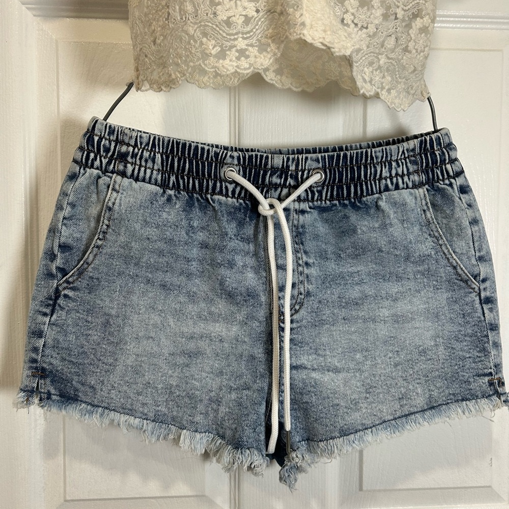 Kendall & Kylie Acid Wash Blue Denim Drawstring Shorts